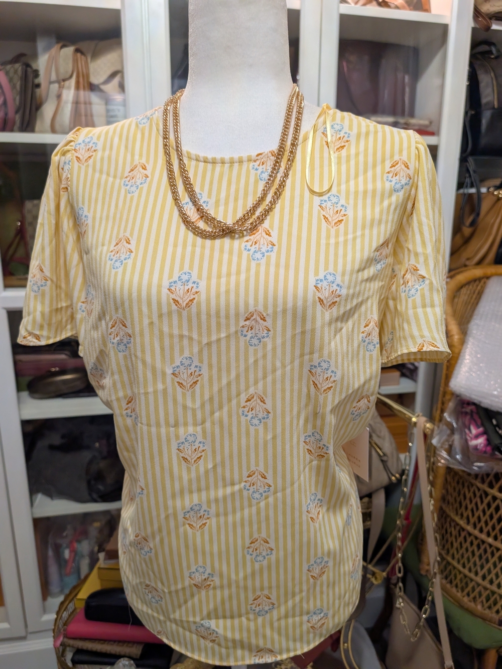LC Lauren Conrad Yellow Striped Floral Short-Sleeve Blouse